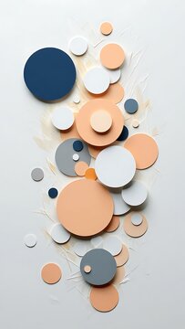 Top down view of layered paper circles in shades of blue and peach on a white textured board