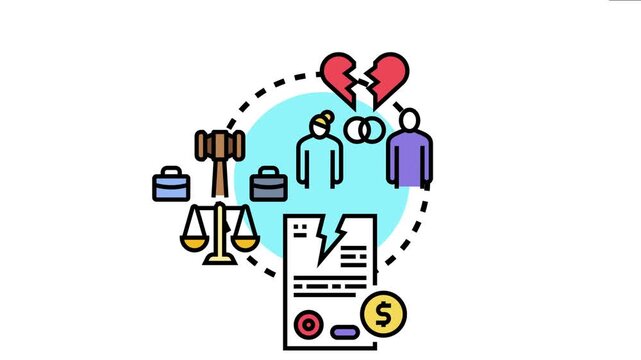 Legal concept contract breach and agreement termination with separating partners, a broken heart, judicial scales, a gavel, and a damaged document