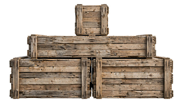 Stacked weathered wooden storage crates isolated on transparent background for logistics cargo design.