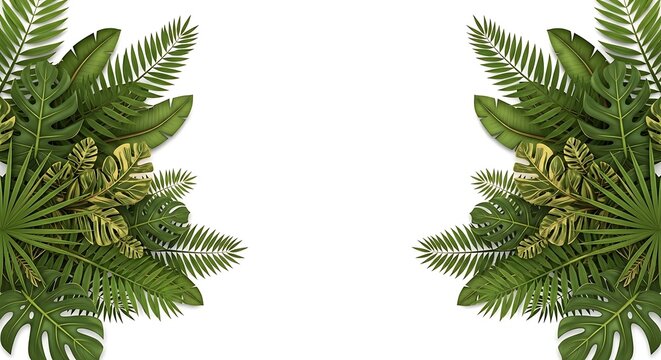 Lush tropical green leaves symmetrically framing a pristine white background, creating a vibrant natural border perfect for exotic designs, summer concepts, and refreshing botanical themes