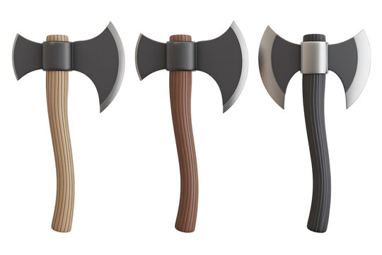 A collection of various cartoon-style hand axes and double axes is displayed on transparent background