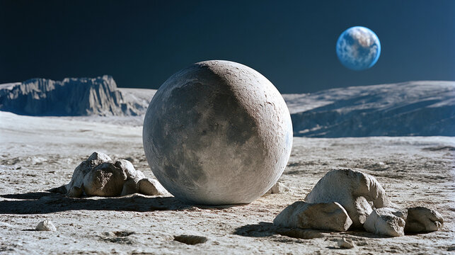 Moon planet sphere resting on grey regolith lunar surface under dark airless sky with rising Earth. Astronomy and planetology concept. 3D landscape illustration for wallpaper, background 