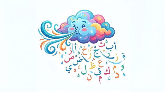 Cartoon cloud blowing Arabic letters as rain with colorful accents and playful expression