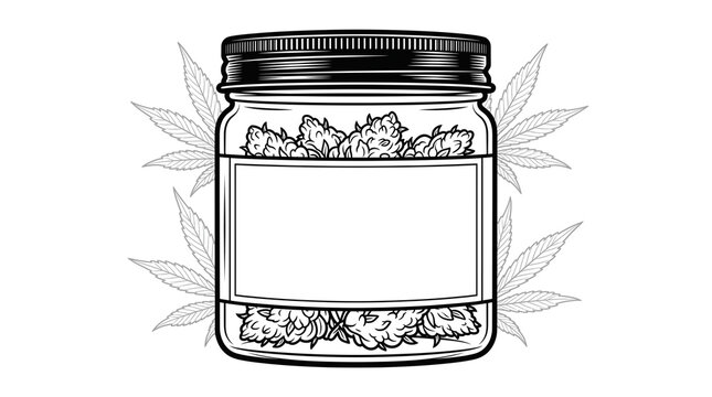 Vintage cannabis glass jar illustration, medicinal marijuana buds in storage container, black and white weed dispensary packaging