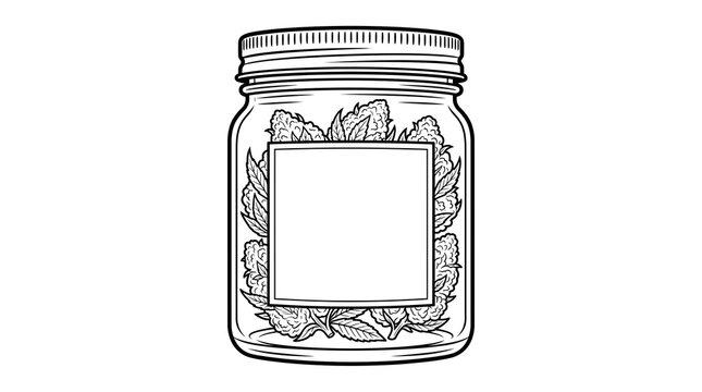 Vintage mason jar line art, glass preserve container with blank label, hand drawn strawberry jam jar illustration for coloring