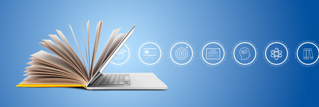 E learning with open book and laptop showing various educational icons against blue background