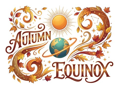 Autumn equinox typography design with earth, sun, and fall leaves isolated on white background