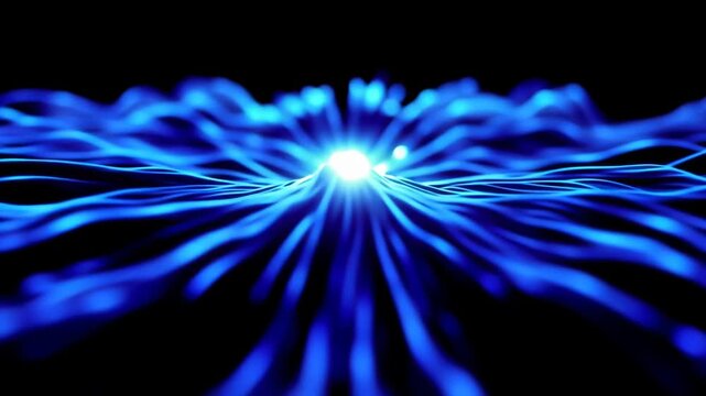 Blue glowing wave patterns radiate from a central point, creating a mesmerizing visual effect in a dark environment with flowing lines and dynamic light