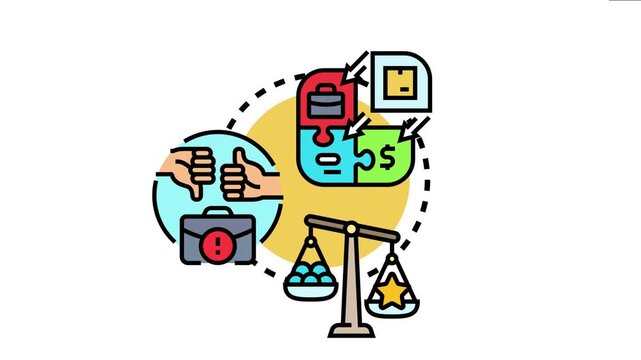 Business icon representing a brand scale concept with elements like profit, reputation, customer feedback, and the balancing of quality and quantity for growth and development