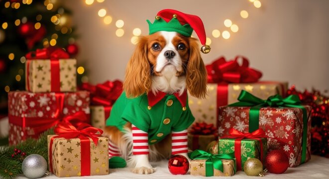 Cavalier King Charles Spaniel dog dressed in a cute Christmas elf costume sitting among wrapped holiday gifts.