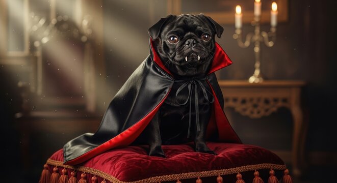 Cute black pug dressed as a vampire Dracula sitting on a red velvet cushion.