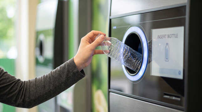 Person Inserting Plastic Bottle into Reverse Vending Machine for Recycling