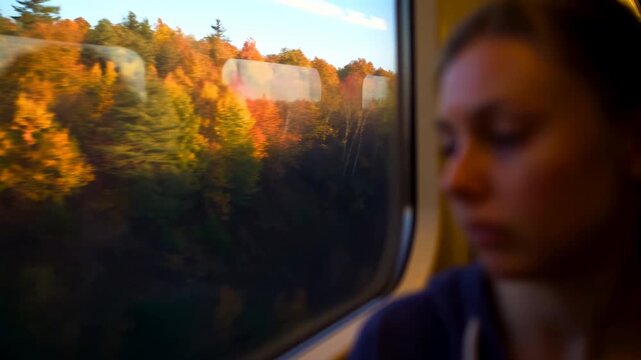 Person looking through train window while autumn forest landscape passes outside, showing reflective travel moment with warm light, blurred scenery, and quiet passenger view inside railway carriage
