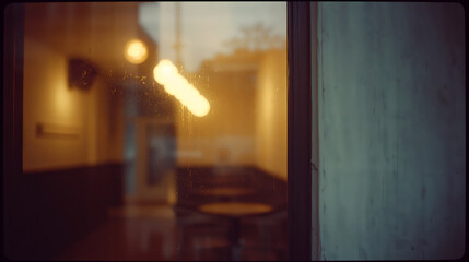 Fototapeta premium Warm cafe window glowing softly outside evoking cozy urban mood and peaceful street generative AI