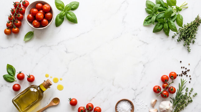 Fresh organic healthy food ingredients on white marble background. Top view mockup space for cooking recipe or restaurant menu.