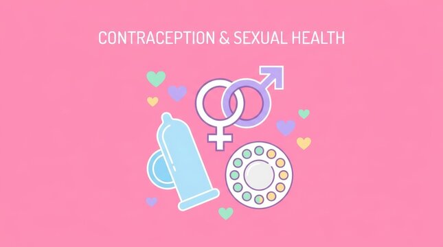 Contraception and sexual health icons with condom and birth control pills on a pink background