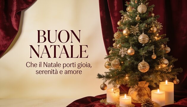 Luxury Italian Christmas greeting card with cream background, burgundy velvet accents, decorated tree, golden ornaments and candlelight. Refined composition with elegant &ldquo;BUON NATALE&rdquo; typography.