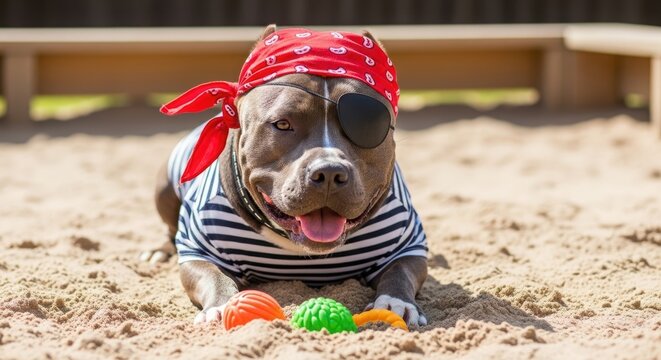 Cute pit bull dog dressed in pirate costume with red bandana and eye patch lying on sand.