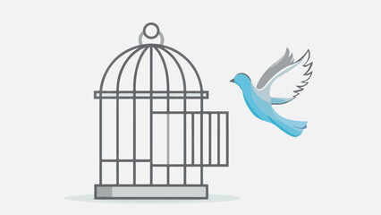 Fototapeta premium A blue bird flying out of an open metal cage illustration.