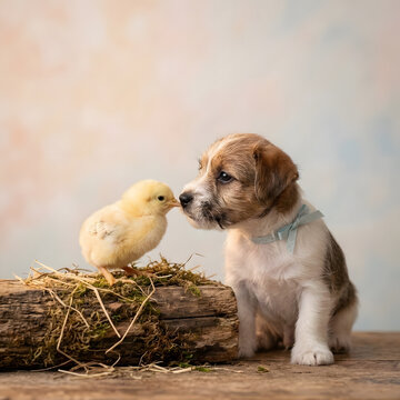 Easter Chick and Dog Touching Noses