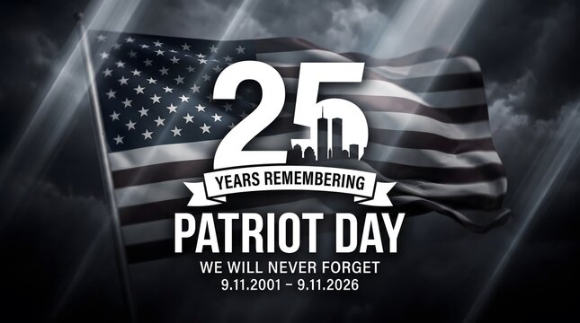 A somber black and white graphic design commemorating the twenty fifth anniversary of the september eleventh terrorist attacks featuring the american flag