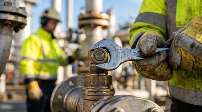 Gloved worker in high-visibility jacket tightens a valve fitting with an open-end wrench at an industrial pipeline; another hard-hat worker stands blurred among metal pipes