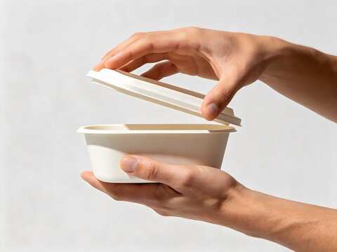 Person hands opening an eco friendly paper food container