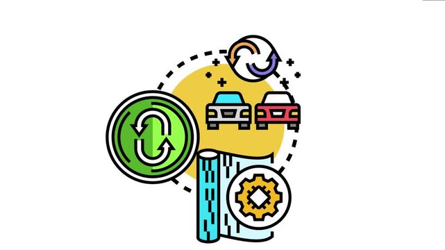 Brand refresh concept depicting two cars. A recycle symbol. Packaging. And a gear. the process of updating a company's identity and visual elements for renewed appeal and relevance