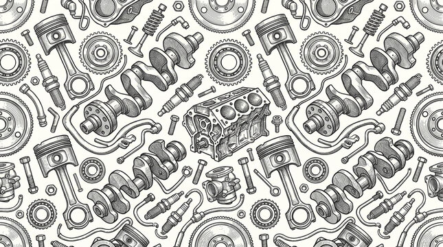 Vintage Engraving Illustration Seamless Pattern of Engine Block Crankshaft and Pistons