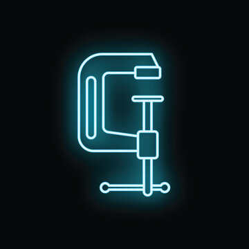 G clamp tool glowing with an electric blue neon effect on a black background