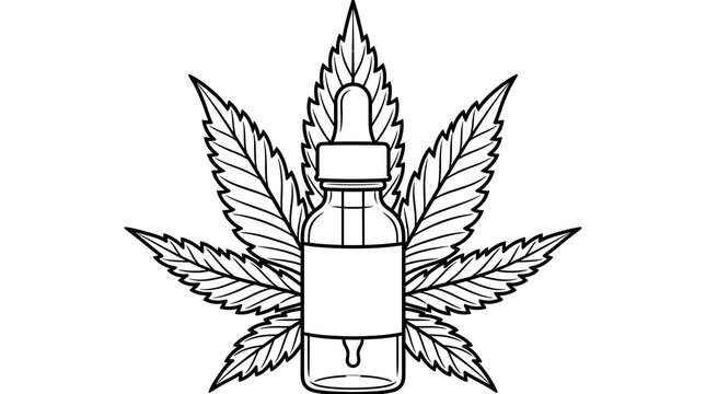 Cannabis oil dropper bottle line art, CBD tincture bottle with hemp leaf, medicinal marijuana extract illustration on white