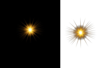 Fototapeta premium Golden lens flare starburst, glowing sun light effect on black and white backgrounds, bright yellow sparkle vector illustration