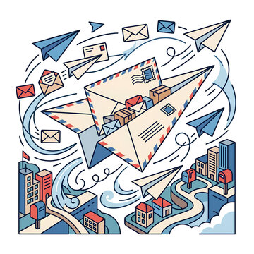 Creative Illustration of Paper Airplanes and Email Messages in Motion.