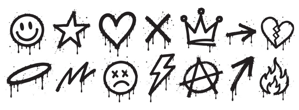 Set of black graffiti spray paint icons including smiley, star, heart, crown, arrow, lightning, and anarchy symbol isolated on white background