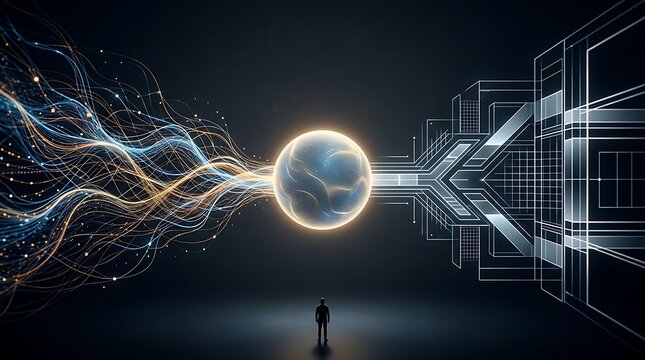 Business person standing before glowing sphere emitting complex data streams and geometric circuit board structures in dark minimalist environment representing digital transformation