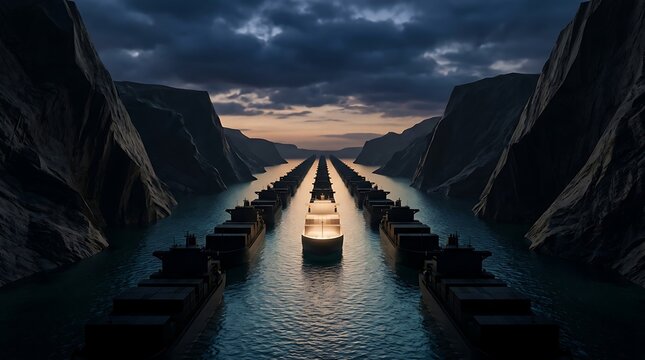 Cargo ship traveling through narrow glowing water channel between dark massive rock cliffs at dusk with multiple ships in queue for global trade and logistics concepts