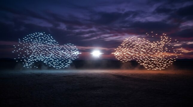 Swarm of glowing blue and orange light particles forming bird shapes facing each other with bright light star in center on dark desert landscape for energy and competition