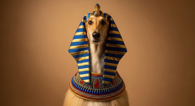 Portrait of a dog dressed as an ancient Egyptian pharaoh with a striped headdress.