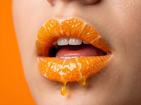 Closeup of lips with orange juice and droplets on skin funny animal emoji