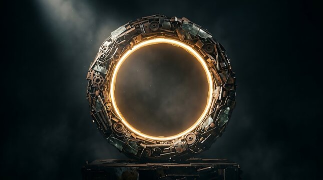 Futuristic portal made of scrap metal and industrial gears with glowing orange energy core representing time travel and interdimensional gateway concept for science fiction