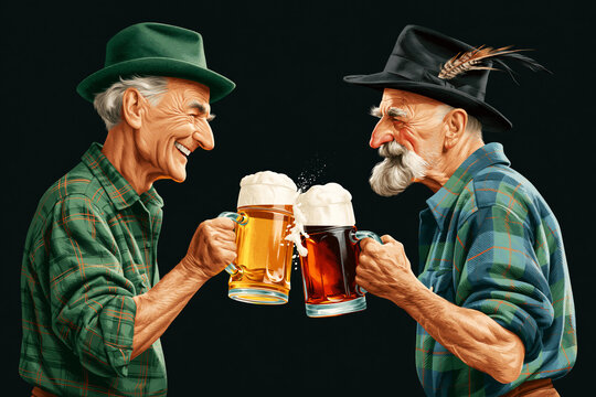 Illustration of two elderly men in hats toasting beer mugs, Oktoberfest concept