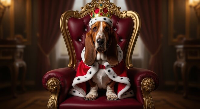Regal basset hound dog wearing a crown and royal robe sitting on a golden throne in a palace.