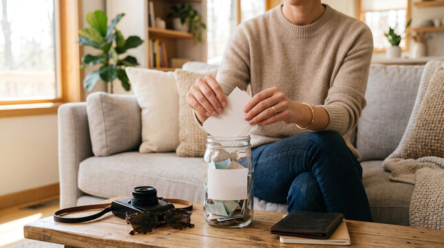 A person sitting on a couch, putting a piece of paper into a glass jar filled with money. A camera and a wallet are on the coffee table in front of them
