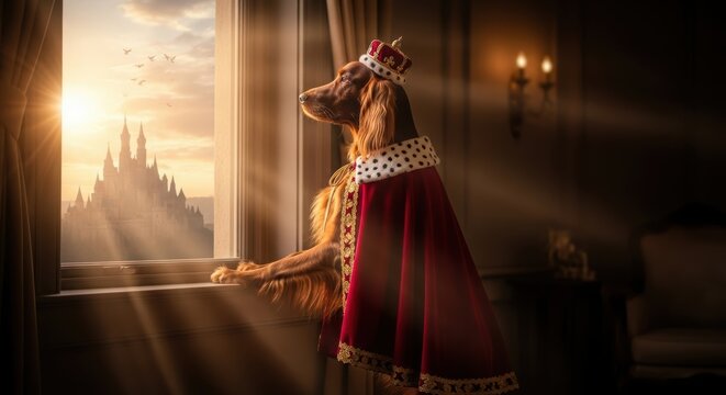 Regal dog king wearing a crown and cape looking out a castle window at sunrise.