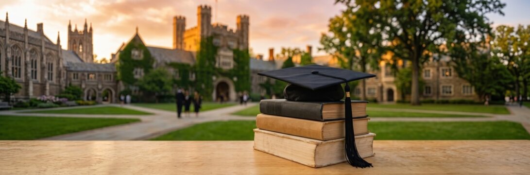 Stack of old books with black graduation cap and tassel on top in a college courtyard at sunset, with historic stone buildings and towers and a few walking students blurred