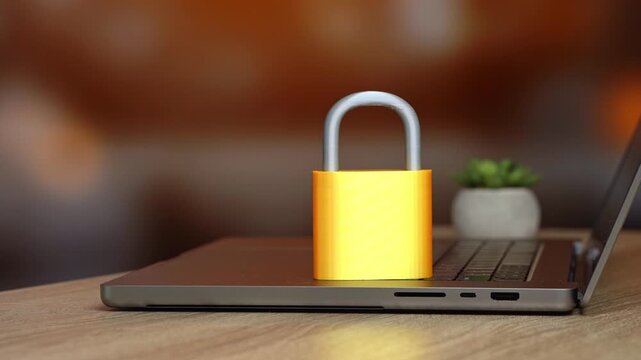 A woman puts a padlock on a laptop. Cybersecurity alerts and troubleshooting issues in digital systems and applications.