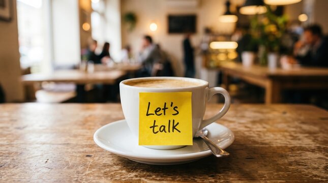White coffee cup on saucer with spoon on wooden table, yellow sticky note reading &ldquo;Let&rsquo;s talk&rdquo; on the cup; blurred cafe interior with people and warm lights