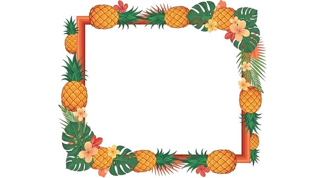 Tropical fruit and flower border frame with pineapples, hibiscus, and exotic leaves for summer party design