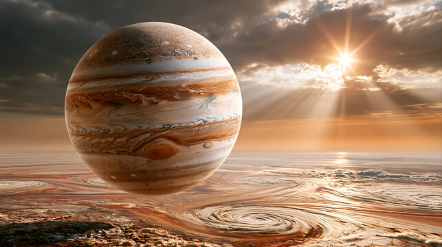 Jupiter gas giant sphere hovering in methane atmosphere under distant sun. Astronomy and planetology science. 3D landscape illustration for space exploration, sci-fi background with copy space