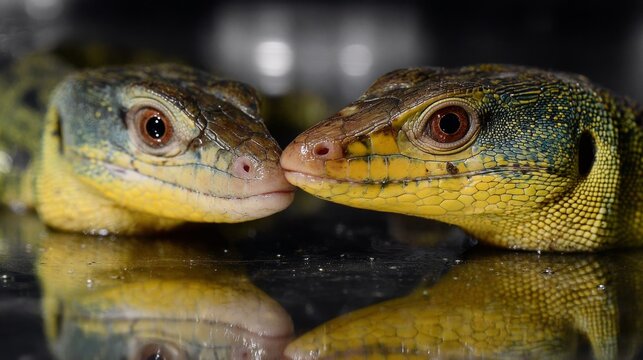 Two yellow and green lizards touch noses on a reflective surface with a blurred background.